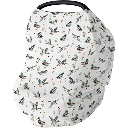 Watercolor Mallard Ducks Car Seat Cover for Babies Duck Hunting Stretchy 5-in-1 Cover Adjustable Car Canopy Cover Wild Ducks Birds Nursery Breathable Nursing Cover-Up