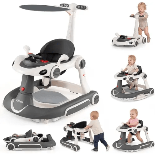 INFANS 6-in-1 Foldable Baby Walker, Converts Push Car to Bouncer, Rocker with Music, Lights, Adjustable Height & Speed, Activity Center, Canopy for 7-18 Months (Gray)