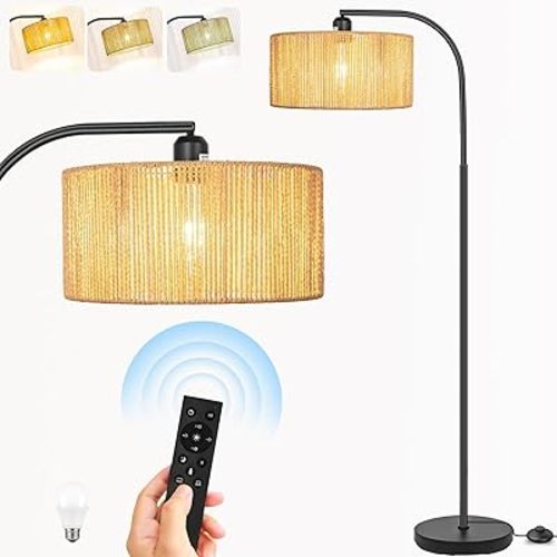 Boho Standing Lamp with Dimmable Bulb Nartual Rattan Adjustable Lampshade, Black Modern Farmhouse Rattan Floor Lamp for Living Room, Bedroom, Office, Classroom