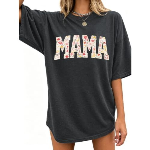 Mama Shirt for Women Oversized Floral Letter Print Graphic Tee Mom Tops