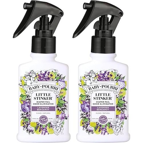 Baby-Pourri Little Stinker Diaper Pail Deodorizer Spray, 3.4 Fl Oz, Up to 150 Uses, Odor Freshener with Essential Oils, Nursery Essentials, Lavender, Bergamot, Eucalyptus & Vanilla Scent, (Pack of 2)