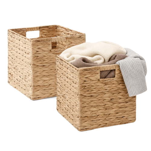 Water Hyacinth Storage Basket, Set of 2 Hand-Woven Wicker Baskets, Foldable Cube Storage Bins, Wicker Cube Laundry Organizer, Square Baskets for Organizing Shelves Decor, 12x12x12in