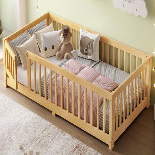 August Grove® Twin Size Montessori Floor Bed With Door And Safety Guardrail, White | Wayfair