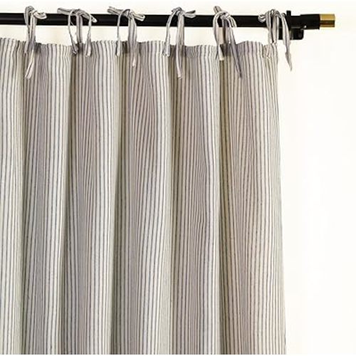 THE ART BOX Natural Linen Gauze Tie Top Sheer Semi Blackout Striped Curtains for Bedroom Filtering Hanging Substitute Windows Home Décor Curtain, Blue on Beige, 2 Panel Sets, (84"x42" inch Each)