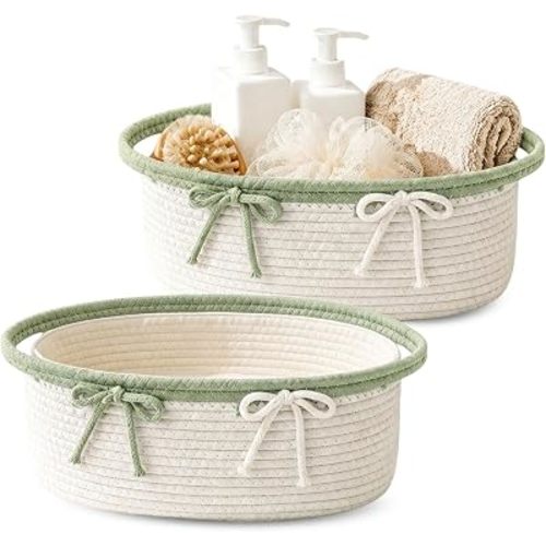 2Pcs Small Cotton Woven Basket with Bowknot Green Storage Basket