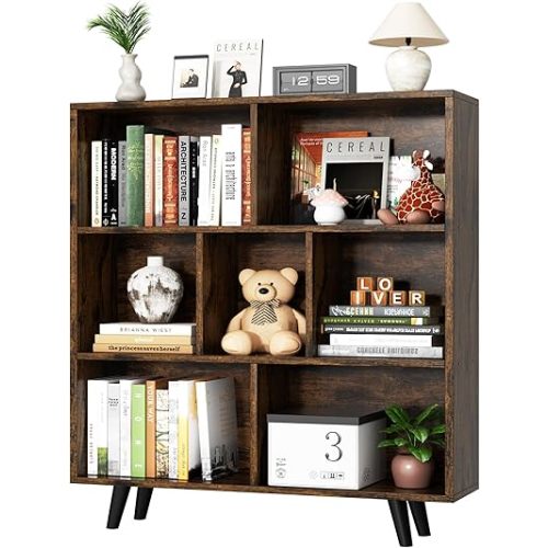 Shintenchi Cube Storage Organizer, 3 Tier Mid-Century Bookcase with Legs Cubeicals Retro Wood Organizer Storage Bookcase, Freestanding Open Book Shelves for Bedroom,Living Room,Office(Brown)