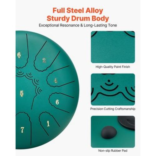VEVOR Steel Tongue Drum, 10 in 11 Notes Rain Drum for Outside Garden, C Major Musical Drums with Music Book & Mallets, Green
