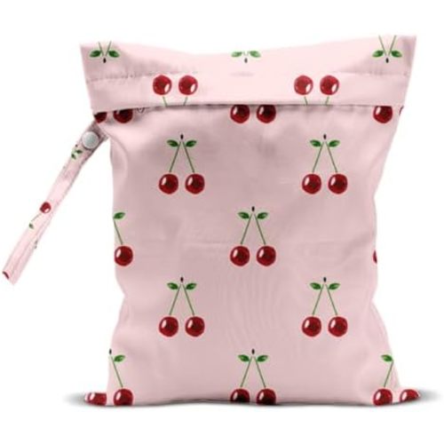 Wet Bag, Wet Dry Bag, Waterproof Swim Bags, Machine Washable Reusable Bags for Beach, Pool, Diapers, and Dirty Yoga Gym Clothes(Pastel Pink Ditsy Cherry Print
