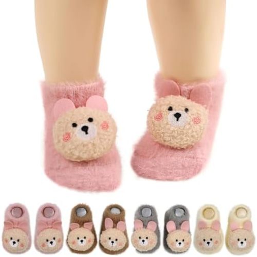 4 Pairs Baby Girls Socks, Cute Rabbit Baby Fuzzy Socks Non-Slip Grips Warm Thick Cotton Winter Ankle Sock for Newborn