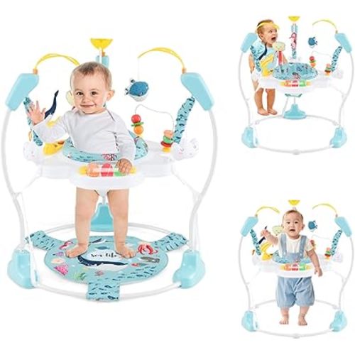 HONEY JOY Baby Bouncer Activity Center, Infant Jumper and Table w/ 360° Rotary Seat, 3 Adjustable Heights, Mat, Music, Lights, Sounds & Developmental Toys, Activity Center for Babies (Light Blue)
