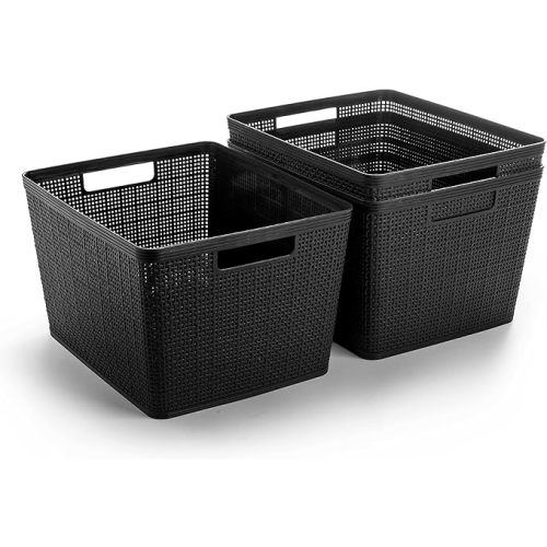 BINO | Woven Plastic Basket | Large (Black), 3-Pack | THE JUTE COLLECTION | Home Organization, Space - Saving Storage, Stylish Design | Jute Basket | Plastic Storage Basket