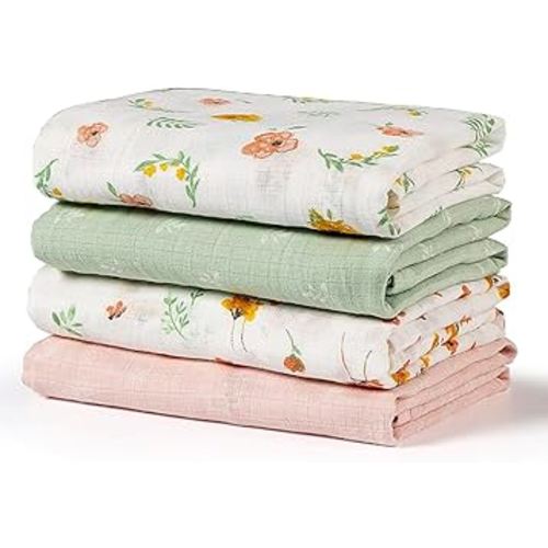 Softan Muslin Swaddle Blankets for Baby Girls & Boys Gift, Large 47X47 inches Receiving Blankets for Newborn, Infant Swaddle Wrap Blanket Set Soft Silky & Breathable, 4 Pack Green Floral