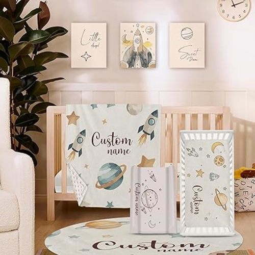Personalized Baby Crib Bedding Set 5PCS, Custom Name Crib Set with Soft Baby Blanket, Fitted Sheet, Changing Pad Cover, Room Rug & Wall Art Set, Rocket Planet Theme Nursery Décor for Newborn Boys