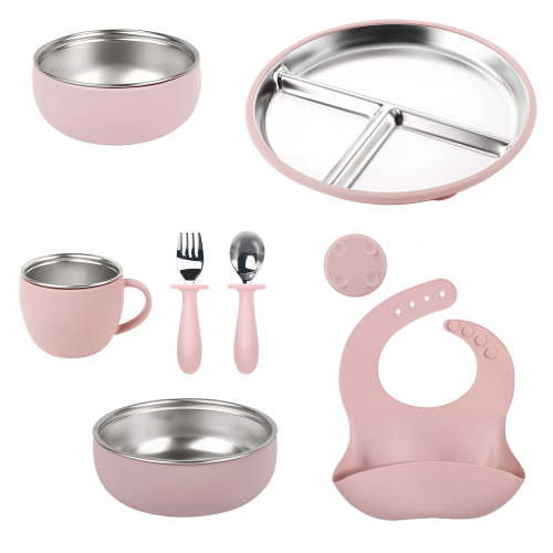 7 Pcs 304 Stainless Steel Plates and Bowls Set 9 Inch Suction Plates Stainless Steel Bowl and Cup with Removable Silicone Forks Spoons Pocket Bib for Baby Toddle(Pink)