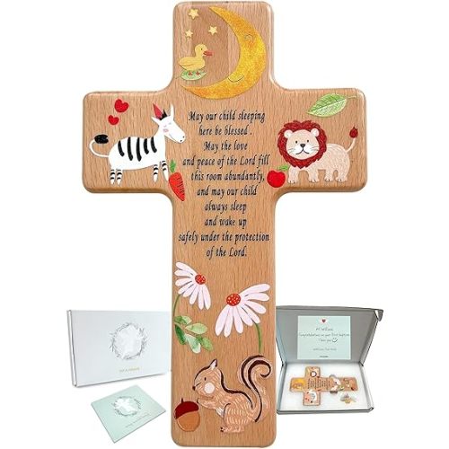 Oraaham Baby Wall Cross-Decorative Wood Cross & angel Child room Wall Hanging for Nursery Perfect Keepsake Baptism, Christening Gift for Boys&Girls