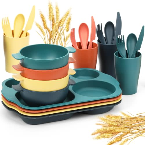 24 PCS Wheat Straw Dinnerware Set for Kids Toddler Plate Bowl Cup Set Unbreakable BPA-Free Tableware with Divided Plate Microwave Dishwasher Safe Perfect for Home School Picnics