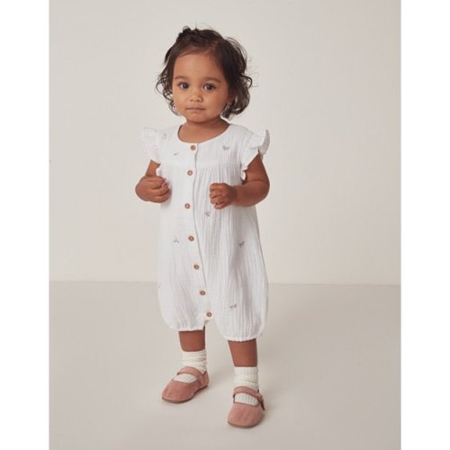 Organic Crinkle Cotton Floral Embroidered Romper (0—24mths)