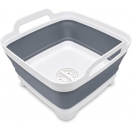 2.4 Gal(9L) Collapsible Dish Basin with Drain Plug, Space Saving Outdoor Multiuse Foldable Sink Tub, Dishpan, Kitchen Storage Tray for Camping, Vegetable Washing, RV (Gray)
