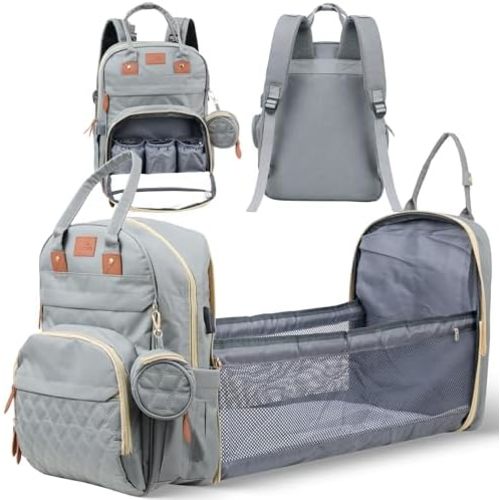 Diaper Bag Backpack with Changing Station – Large Baby Diaper Bag with 19 Pockets, USB Port, Waterproof, Insulated Bottle Holders, Stroller Straps – Travel Maternity Bag – Grey
