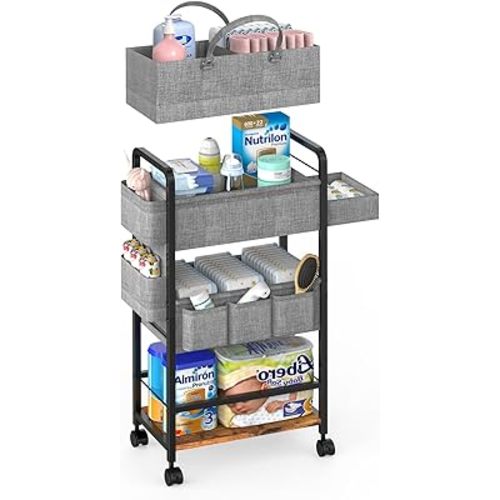 2In1 Baby Diaper Caddy & 4-Tier Rolling Diaper Cart, Diaper Caddy Organizer Cart with Dividers & Drawer, Mobile Metal Bedside Cart for Nursery Essentials Storage, Large Capacity