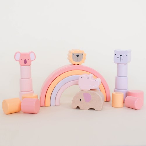 Pastel Pink Wooden Animal Stacking Set: Montessori Rainbow Toy