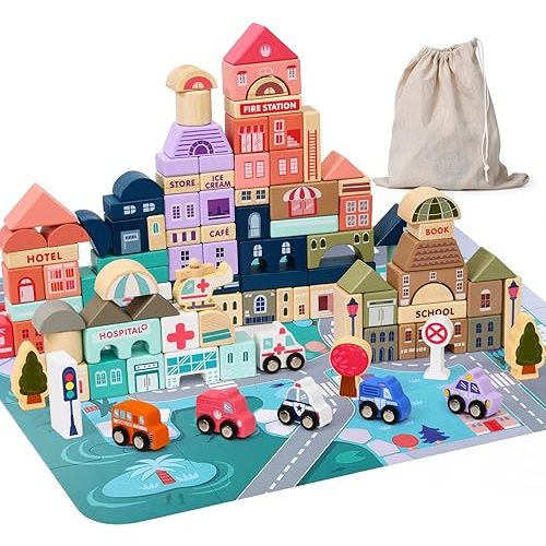 Lewo 115 PCS Wooden Building Blocks with City Map Construction Building Sets City Building Blocks Stacking Blocks Preschool Educational Learning Toys for 3 4 5 6 Years Old Kids Boys Girls Children