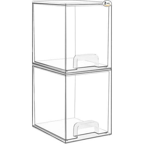 Vtopmart 7.6" H Clear Stackable Storage Drawers, 2 Pack Plastic Organizers Bins for Skincare, Cosmetics,Beauty Supplies,Ideal for Vanity, Bathroom,Kitchen Countertop,Cabinet Organization