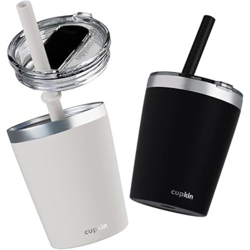 CUPKIN Trainer Sippy Cup, The Original 8 oz Stackable Stainless Steel Modern Tumblers, Set of 2 Powder Coated Insulated Cups for Kids + BPA Free Lids + Reusable Silicone Straws (8oz Black + White)