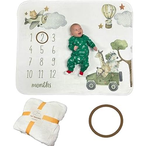 Baby Monthly Milestone Blanket Unisex | Soft Fleece, Safari Design | Newborn Photography Backdrop | Neutral Pastel Colors | 48" x 40