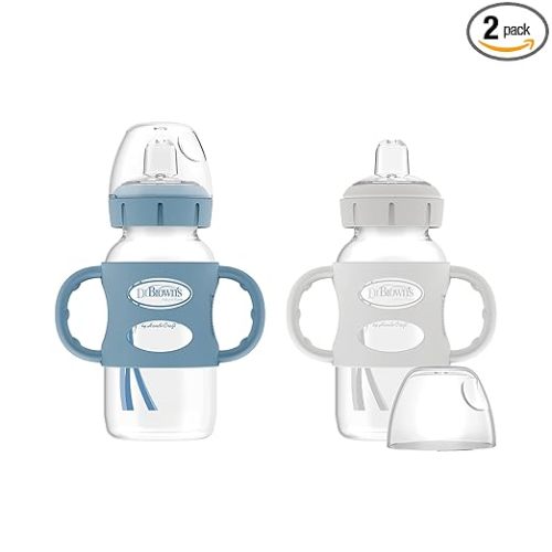 Dr. Brown's Milestones Wide-Neck Sippy Spout Bottle with Silicone Handles 9oz 270mL 6m+ Light Blue and Gray 2-Pack