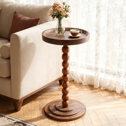 Round Side Table, Wood Drink Table for Small Spaces