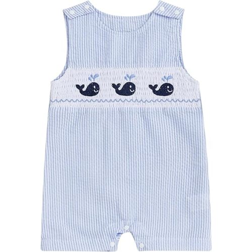 Newborn Baby Boys Sleeveless Seersucker Romper One Piece Straps Overalls Striped Jumpsuit Summer Smocked Clothes