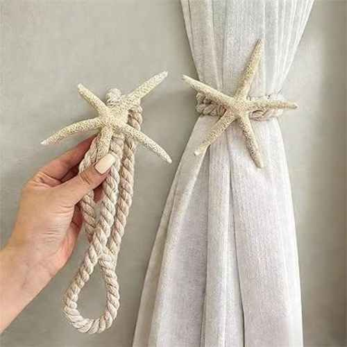 2-Pack Natural Starfish Curtain Tiebacks, Coastal Beach Decor Holdbacks