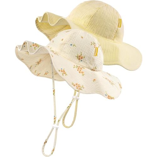 HONGTEYA Baby Sun Hat Muslin Toddler Bucket Hat for Girls Boys Infant Wide Brim Sun Protection UPF 50+