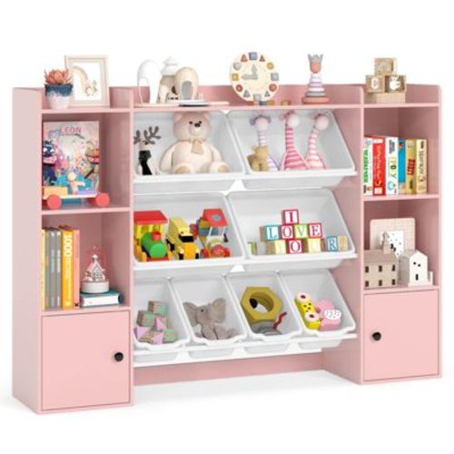Costway Kids Toy Storage and Bookshelf with 8 Boxes Open Shelves & 2 Single-door Cabinets Pink
