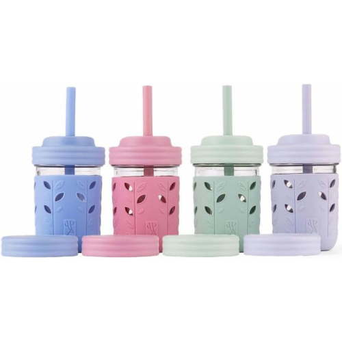 Kids + Toddler Glass Cups | The Original 8oz Glass Mason Jar with Sleeves + Lids | Silicone Straws + Stopper | Smoothie Cup | Food Storage | Spill Resistant | Dishwasher Safe | 4 Pack