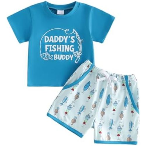 Bagilaanoe Toddler Summer Clothes Baby Boy Short Sleeve T-Shirt and Shorts Daddy’s Fishing Buddy Outfit 2PCS Set