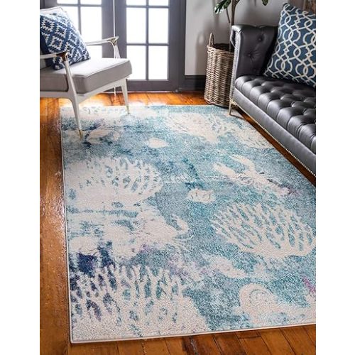 Unique Loom Positano Collection Coastal Modern Coral Lobster Shells Light Blue Area Rug (4' x 6')