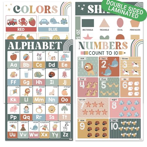 BEAWART ABC Alphabet Poster 16x24, Modern Boho Educational Posters for Toddlers 1-3 (Pack 4), Color Shape Number Chart for Classroom Decor, Learning Posters for Preschoolers, Homeschool Supplies, Double Laminated
