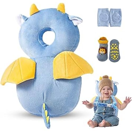 Baby Head Protector Backpack – Toddler Safety Cushion for Crawling & Walking – Infant Fall Protection Pillow with Adjustable Straps – Comes with Knee Pads & Non-Slip Baby Socks (Blue Dragon)