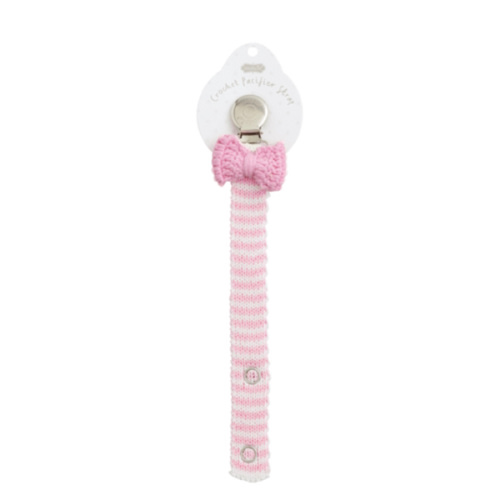 Crochet Pink Bow Pacy Clip | Knit Stripe Strap for Babies | Mud Pie