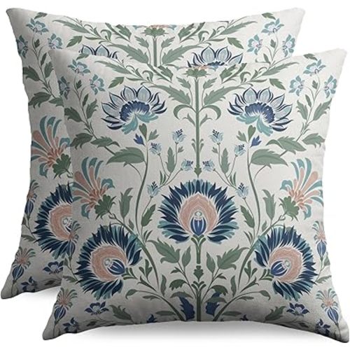Floral Pillow Covers 18x18 Inch Set of 2 Blue Green Pink Spring Summer Patterned Decorative Throw Pillowcases Outdoor Farmhouse Flower Cushion Cases Decor for Sofa Couch Bed
