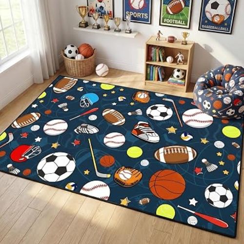 Sport Rug for Kids, Basketball Football Soccer Rug 2.5x4 ft, Sports Rugs for Boys Bedroom, Soft Play Floor Carpet