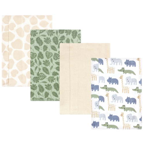 Hudson Baby Unisex Baby Cotton Poly Flannel Burp Cloths, Wild Leaf Safari 4-Pack, One Size