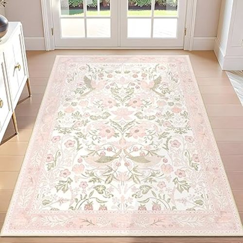 Pink Rug 3'x5',Washable Area Rugs for Bedroom Living Room Entryway Bedside,Botanical Small Boho Farmhouse Bohemian Distressed Oriental Non Slip Carpet,Blush Floral Bird