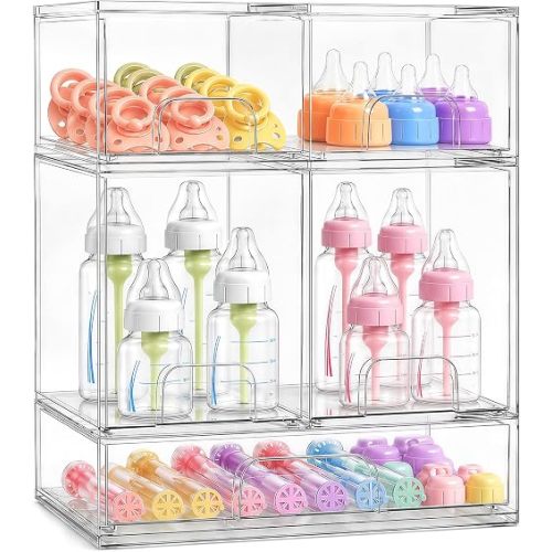 Baby Bottle Organizer, 5 Pack Baby Bottle Storage Organizer, Acrylic Bottles Storage, Stackable Storage Drawers for Pacifiers, Nipples, Pump Parts for Countertop, Cabinet, Bathroom, Vanity