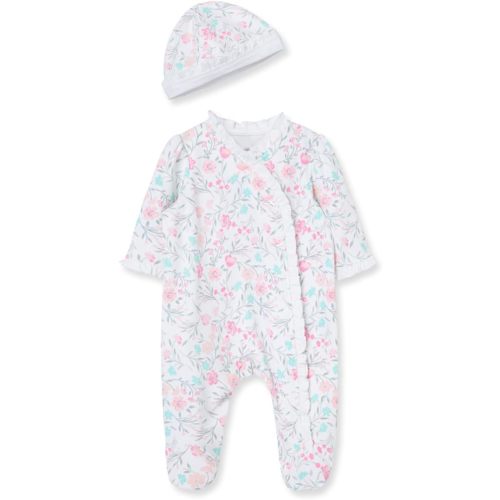 Little Me Clothes for Baby Girls 100% Cotton Scratch-Free Tag Footed One-Piece Romper and Hat Sleeper Set Preemie to 9 Months