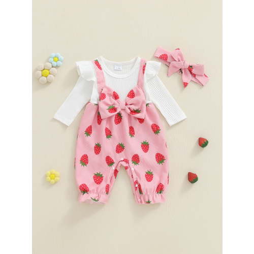 Loicainy Baby Toddler Girls Bubble Romper 3 6 9 12 Months Strawberry Printed Long Sleeve Ruffle Fake-two Jumpsuit with Headband