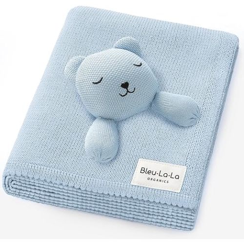 Blanket Lovey 100% Organic Cotton Baby Blanket with Comfort Lovey, Soft Security Blanket for Newborns & Toddlers (Bear- Sky Blue)