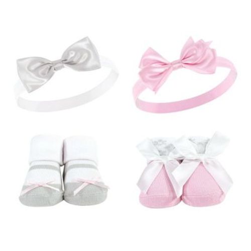 Hudson Baby Infant Girls Headband and Socks Set, Pink Gray, 0-9 Months